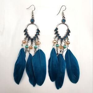 Siren's Wing Silver Blue Boho Feather Earrings